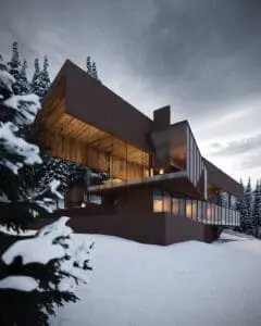 Exterior night view of Aquila Landing luxury ski lodge in Revelstoke, British Columbia