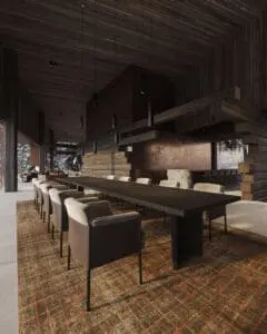 Grand dining room with long communal table and timber ceiling at Aquila Landing lodge