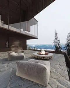 Outdoor fire pit terrace with panoramic Columbia River valley views at Aquila Landing