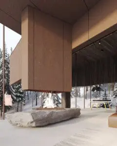 Great room with exposed rock fireplace and alpine forest views at Aquila Landing lodge