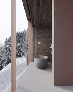 Luxury ensuite bathroom with freestanding soaking tub and mountain views, Aquila Landing